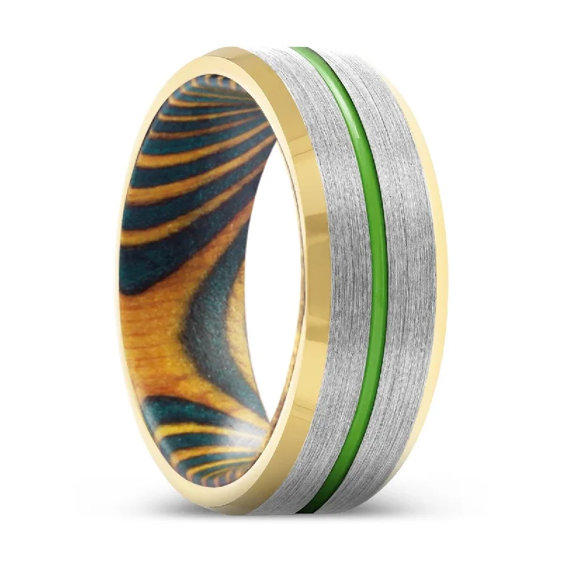 Women’s eternity band-JAYBIRD | Green and Yellow Wood, Silver Tungsten Ring, Green Groove, Gold Beveled Edge