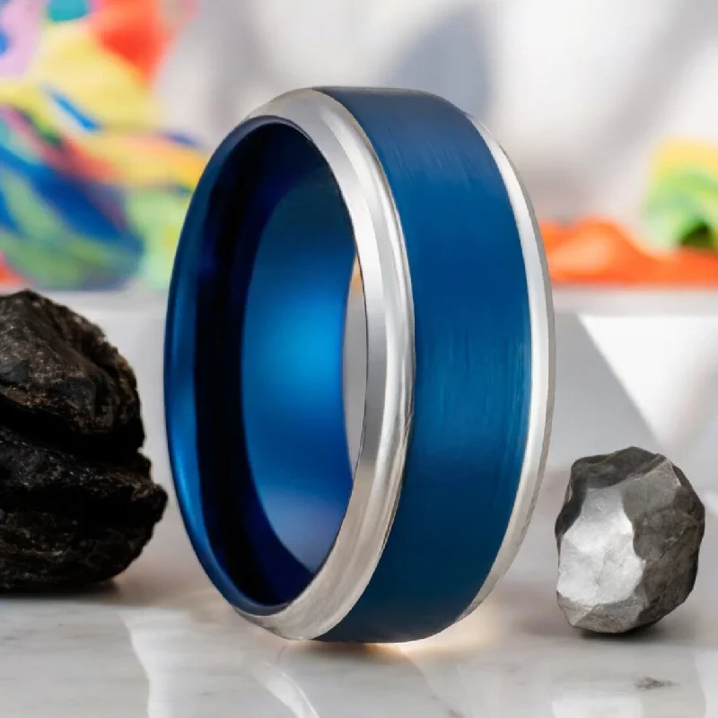 Women’s eco-friendly ring-LINARD | Blue Tungsten Ring, Brushed, Silver Stepped Edge