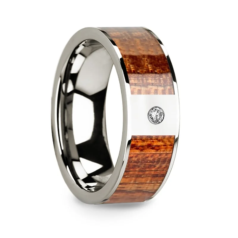 Women’s engagement rings with round diamonds-14k White Gold Men's Wedding Band with Mahogany Wood Inlay & Diamond