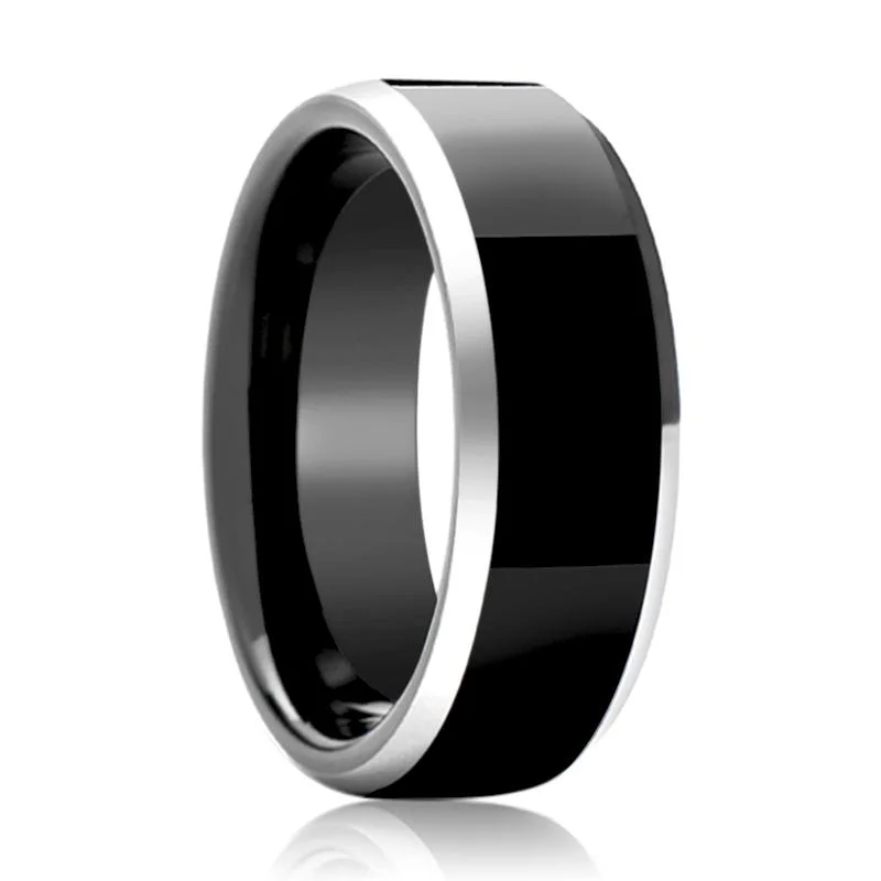 Women’s antique ring-INFERNO | Black Tungsten Ring, High Polished, Silver Beveled