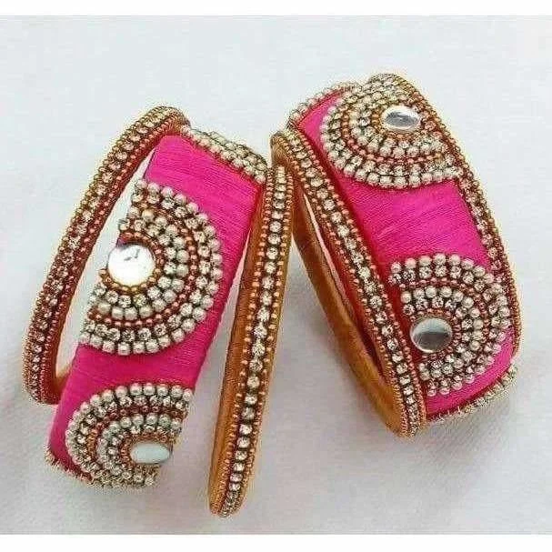 Women’s sparkling bangle-Pink Color Silk Threaded Bangle Set