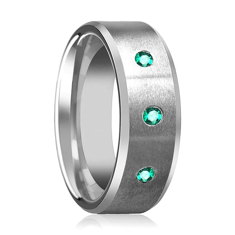 Women’s moonstone gemstone ring-LEVI | Tungsten Ring 3 Green Emerald Setting