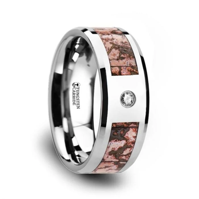 Women’s engagement rings with custom designs-Tungsten Men's Wedding Band with Pink Dinosaur Bone Inlay & Diamond