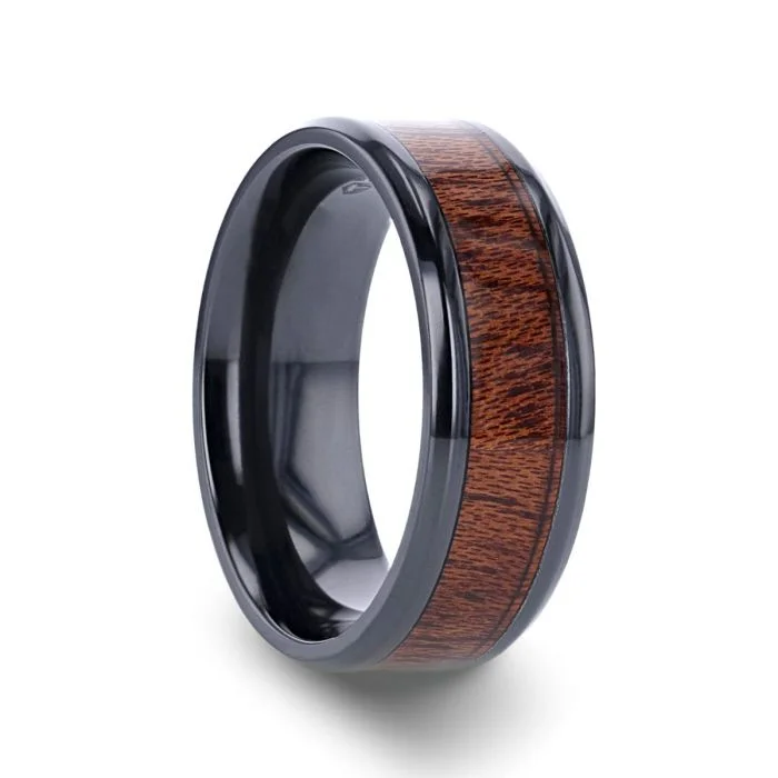 Women’s square-cut ring-DOMINICA | Black Titanium Ring, Hardwood Inlay, Beveled