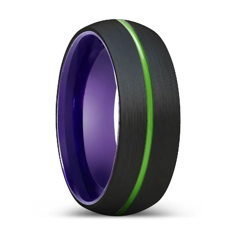 Women’s alternative ring-HAMLET | Purple Ring, Black Tungsten Ring, Green Groove, Domed