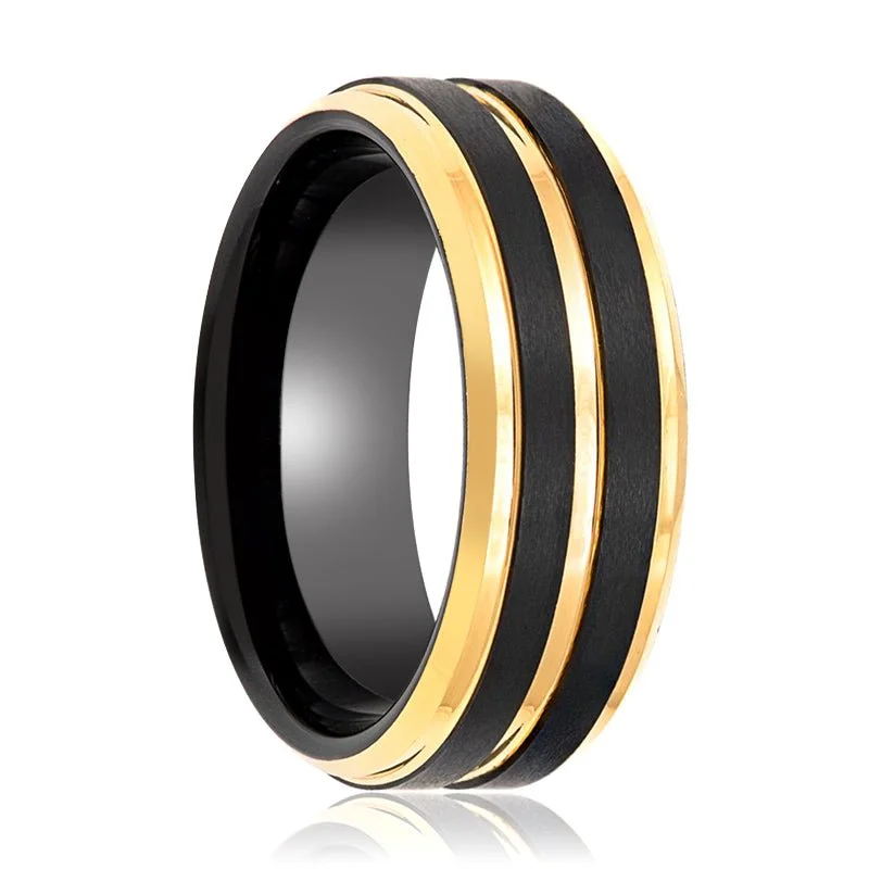 Women’s three-stone ring-VERTEX | Black Tungsten Ring and Yellow Pinstripe