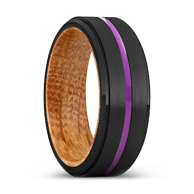 Women’s modern ring-SINGLETON | Whiskey Barrel Wood, Black Tungsten Ring, Purple Groove, Stepped Edge