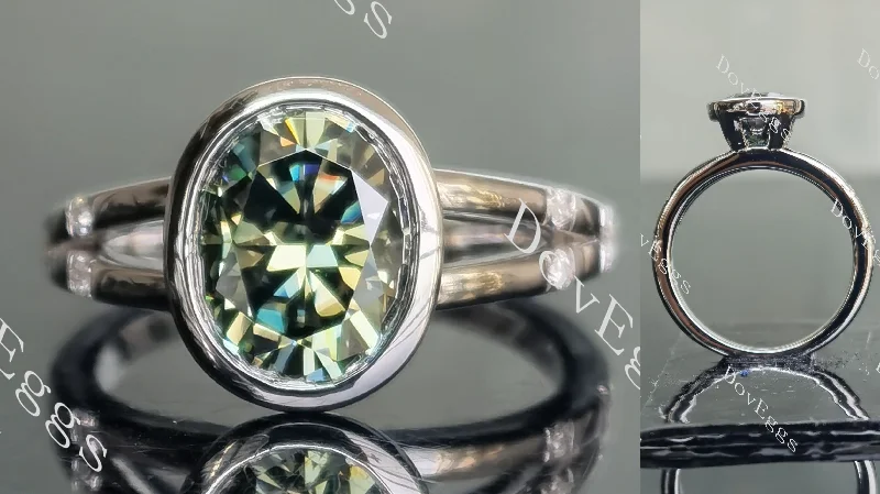 Women’s engagement rings with emerald accents-Doveggs peacock blue oval bezel setting split shank moissanite engagement ring