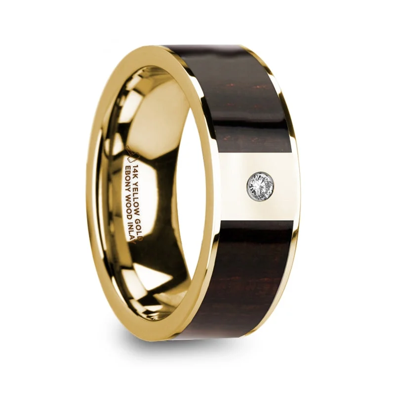 Women’s halo engagement rings-14k Yellow Gold Men's Wedding Band with Ebony Wood Inlay & Diamond