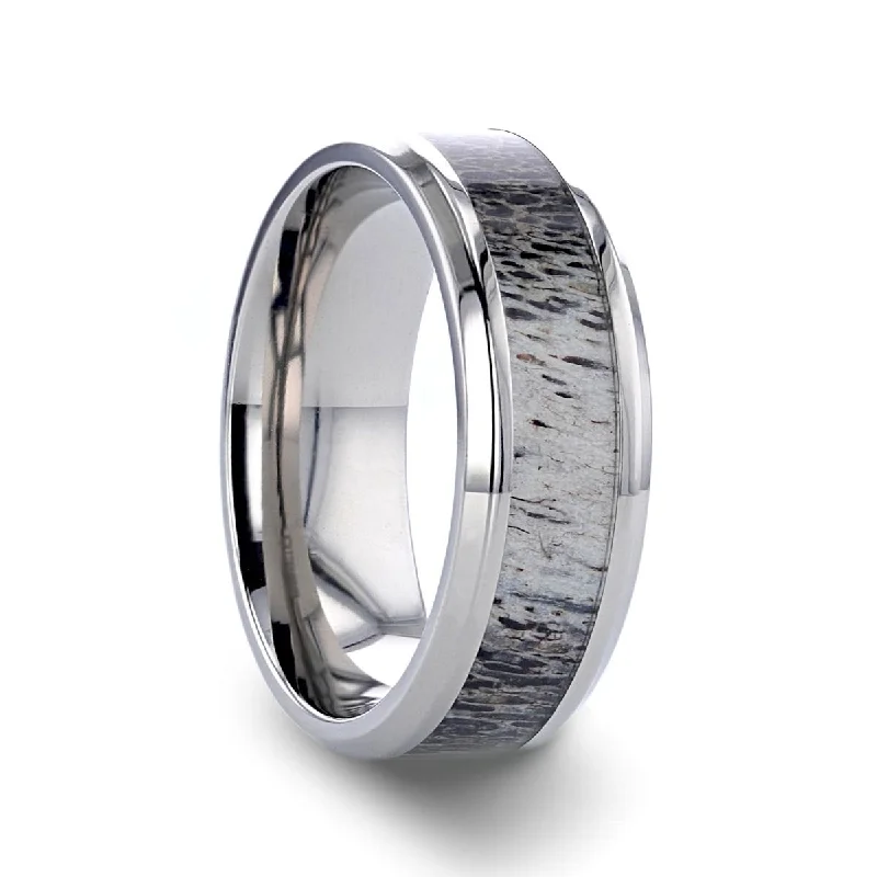 Women’s cushion-cut ring-CARIBOU | Silver Titanium Ring, Ombre Deer Antler Inlay, Beveled