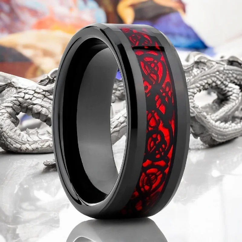 Women’s solitaire ring-FIREFORGE | Black Tungsten Ring, Red Celtic Dragon Inlay, Beveled