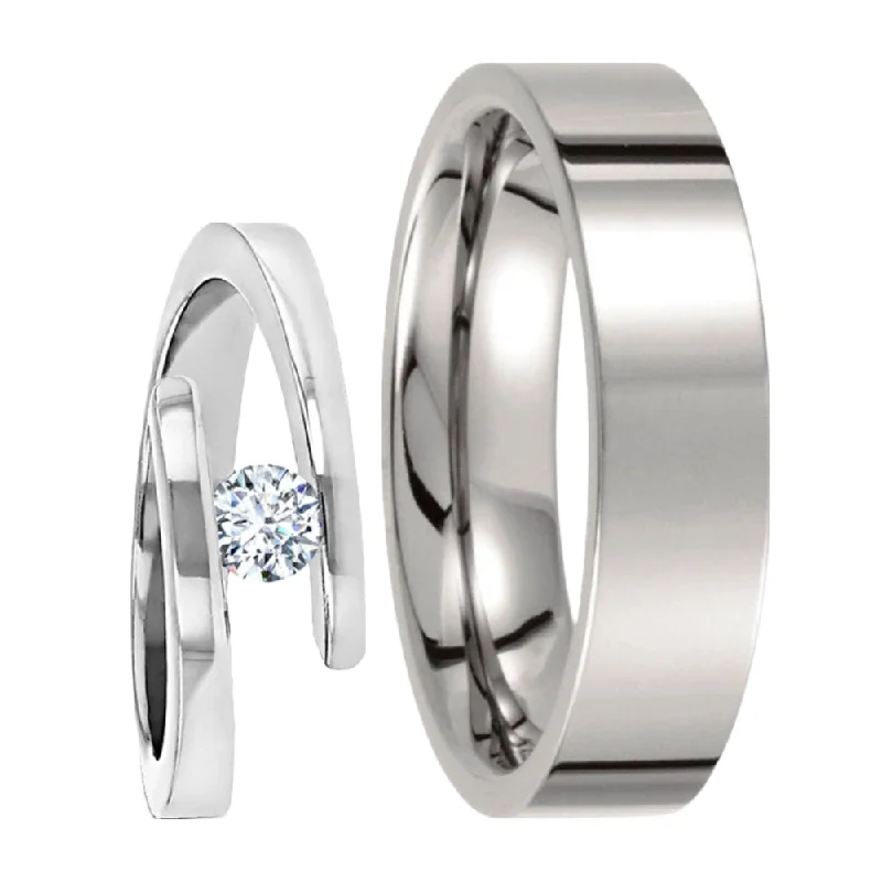 Women’s engagement rings with a vintage look-Diamond and Classic Titanium Couple's Matching Wedding Band Set