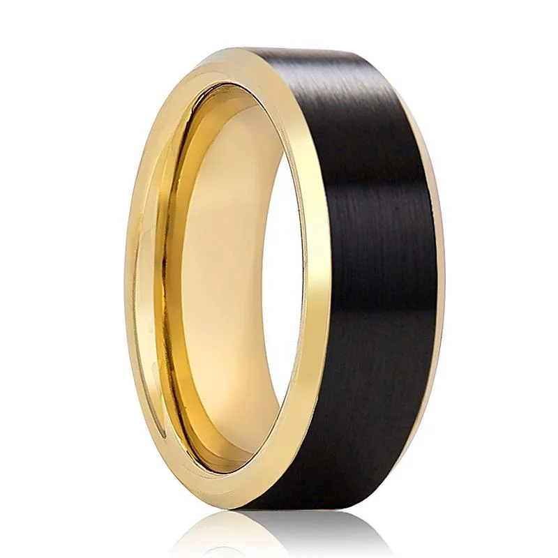 Women’s mixed metal ring-GASTON | Gold Tungsten Ring, Black Brushed, Gold Beveled Edges