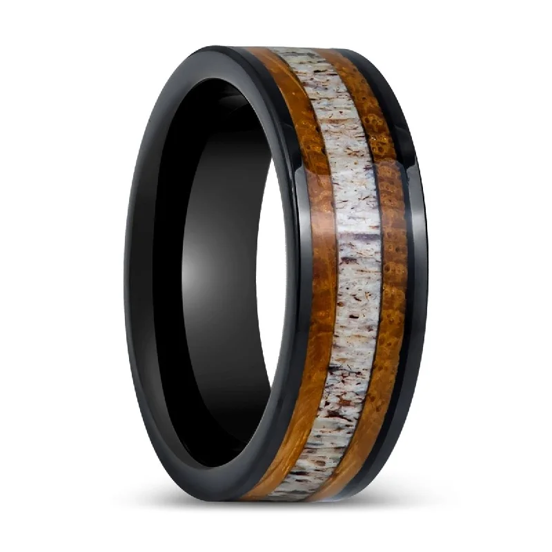 Women’s twisted band ring-DEERWOOD | Black Tungsten Ring, Deer Antler & Barrel Wood Inlay, Flat