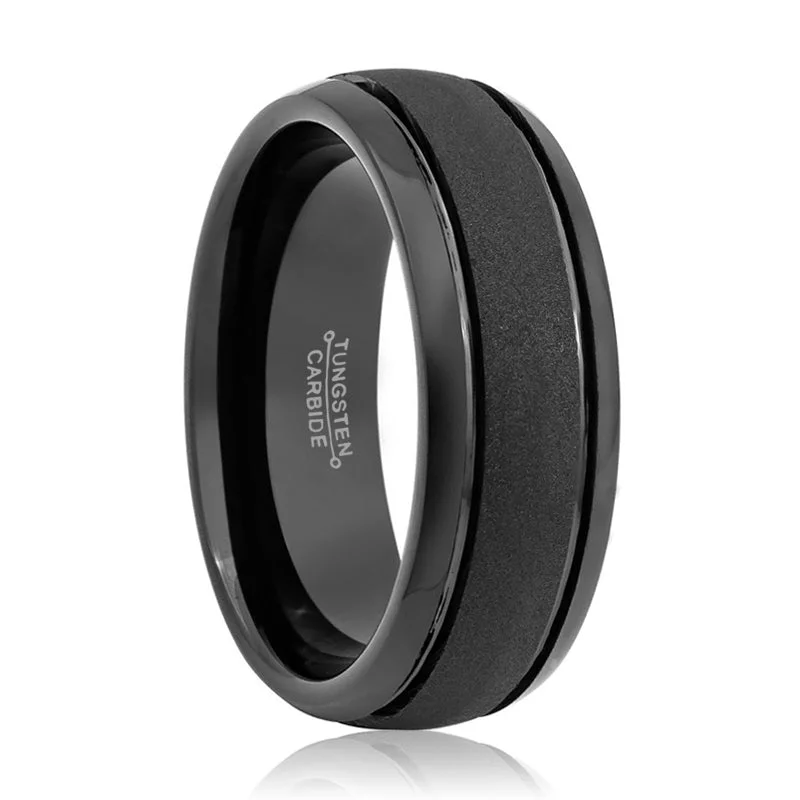 Women’s platinum engagement ring-VORTEX | Black Tungsten Ring, Sandstone Finish, Domed