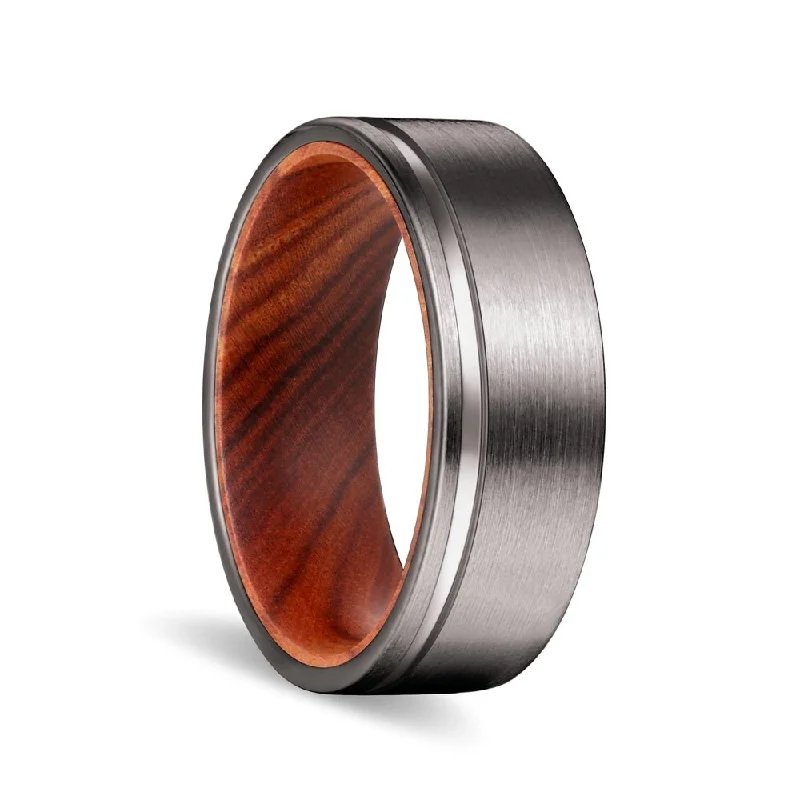 Women’s personalized ring-GRAIN | Iron Wood, Gunmetal Tungsten Offset Groove