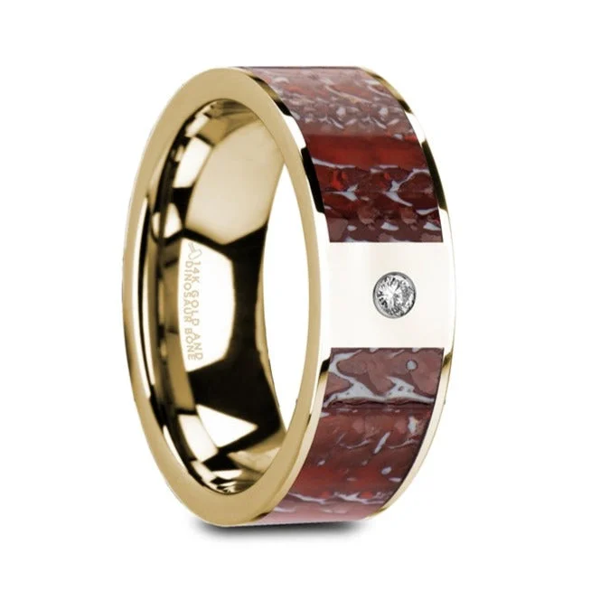 Women’s engagement rings with engraved bands-14k Yellow Gold Men's Wedding Band with Red Dinosaur Bone & Diamond