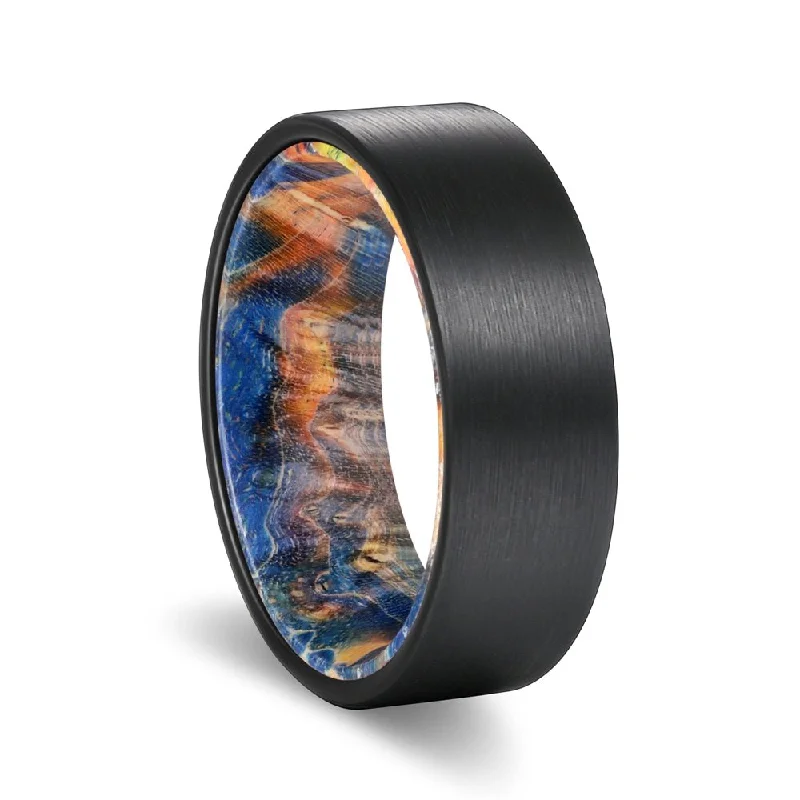 Women’s rose gold diamond ring-JACK | Blue & Yellow/Orange Wood, Black Flat Brushed Tungsten