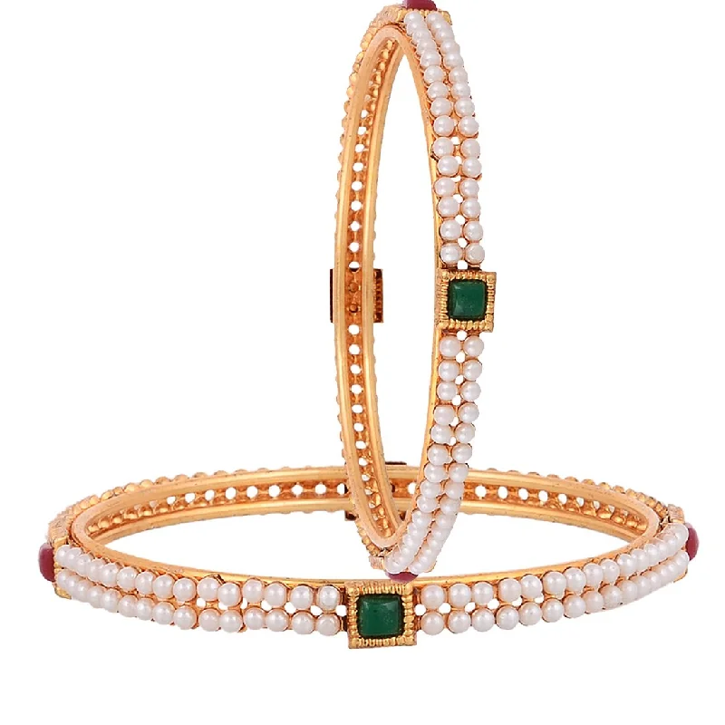 Women’s tennis bracelet-Gold-Plated Alloy Pearl Studded Multi Bangle Set - The Pari