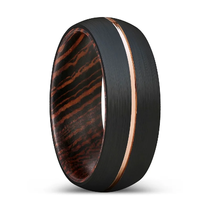 Women’s cocktail ring-BOAR | Wenge Wood, Black Tungsten Ring, Rose Gold Groove, Domed