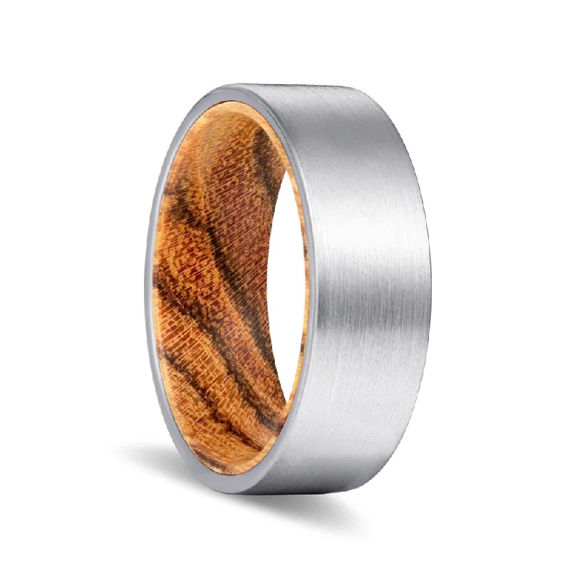 Women’s gold ring-CANOLI | Bocote Wood, Silver Tungsten Ring, Brushed, Flat