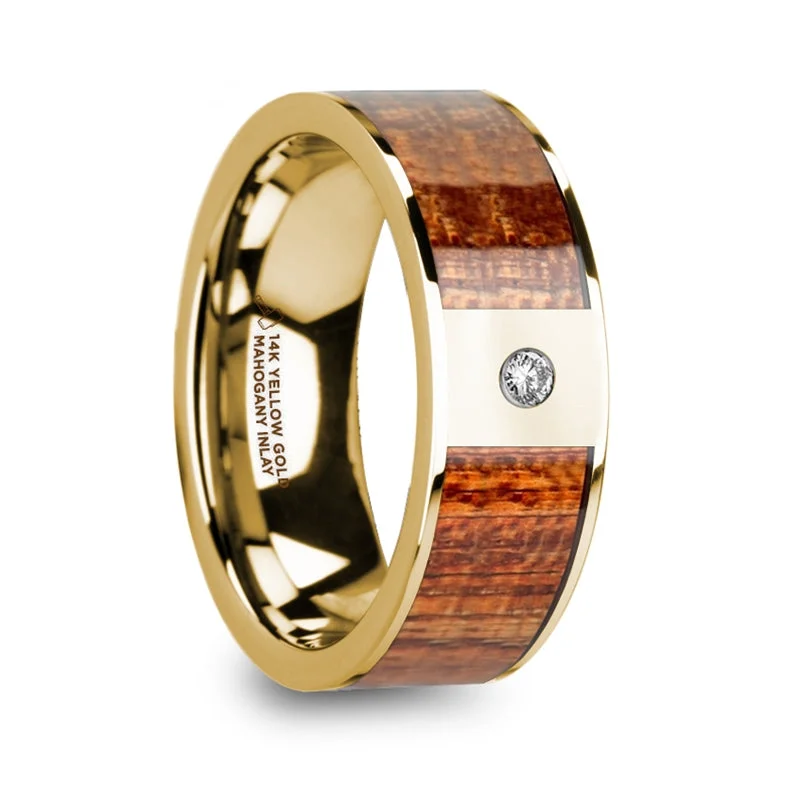 Women’s rose gold halo engagement rings-14k Yellow Gold Men's Wedding Band with Mahogany Wood Inlay & Diamond