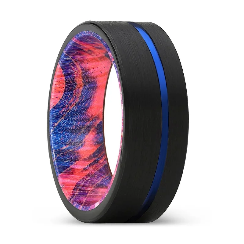 Women’s bold statement ring-ORPHIC | Blue & Red Wood, Black Tungsten Ring, Blue Offset Groove, Flat