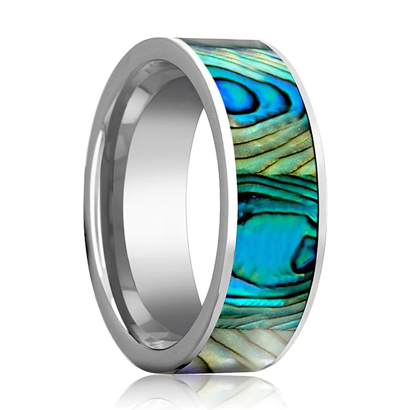 Women’s gemstone ring-Mother of Pearl Inlaid Men's Flat Tungsten Wedding Band Polished - 8MM