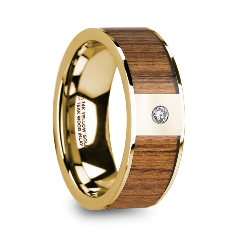 Women’s rose gold engagement rings-14k Yellow Gold Men's Wedding Band with Teak Wood Inlay & Diamond