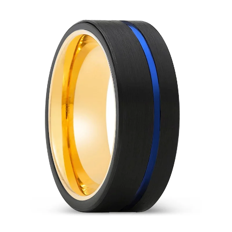 Women’s custom ring-DRIFTER | Gold Ring, Black Tungsten Ring, Blue Offset Groove, Flat