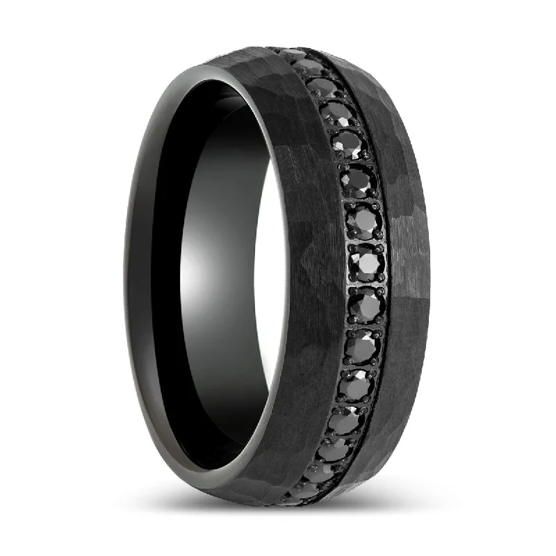 Women’s eternity band-JUNCOS | Black Hammered Ring with Round Cut Black CZ