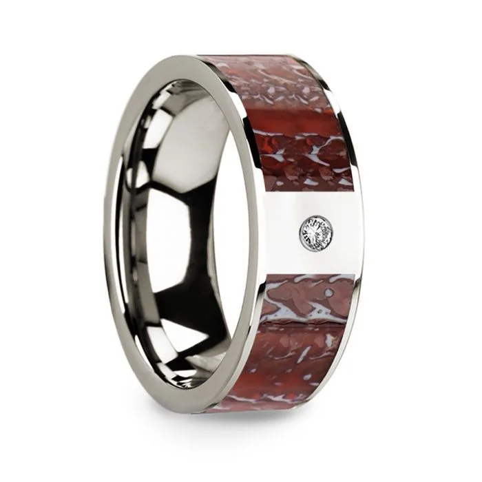 Women’s engagement rings with engraved bands-14k White Gold Men's Wedding Band with Red Dinosaur Bone Inlay & Diamond