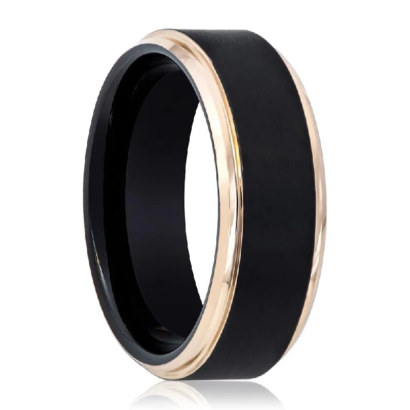 Women’s art deco ring-LEONARDO | Black Tungsten Ring, Brushed, Rose Gold Stepped Edge