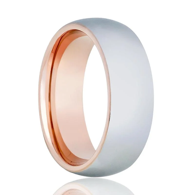 Women’s emerald and diamond ring-Two-Tone Men's Tungsten Wedding Band with Rose Gold Interior & Shiny Silver Outer with Domed Edges - 8MM