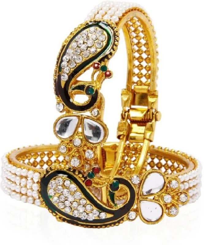 Women’s designer bracelet-Gold-Plated Alloy Pearl Studded Peacock Enamel Bangle - The Pari