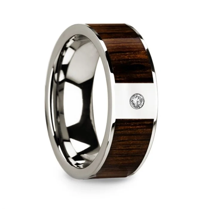 Women’s engagement rings with amethyst stones-14k White Gold Men's Wedding Band with Black Walnut Wood Inlay & Diamond