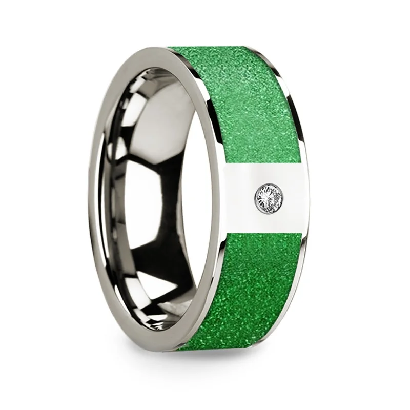 Women’s solitaire engagement rings with platinum-14k White Gold Men's Wedding Band with Textured Green Inlay & Diamond