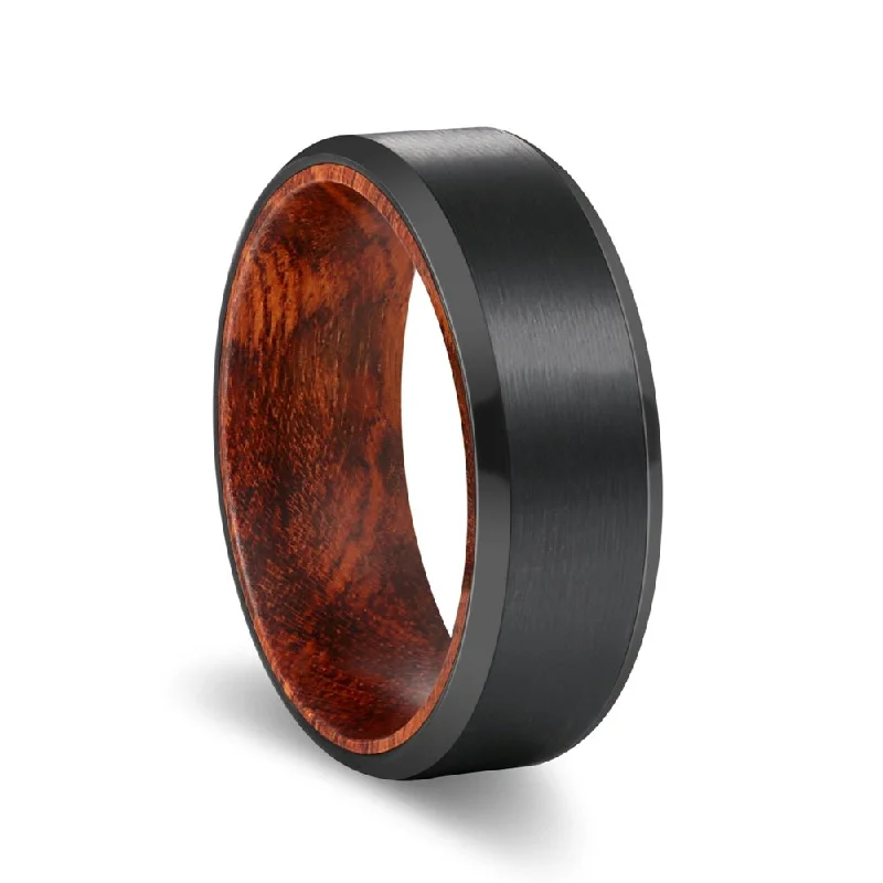 Women’s birthstone ring-STRIKER | Snake Wood, Black Tungsten Ring, Brushed, Beveled