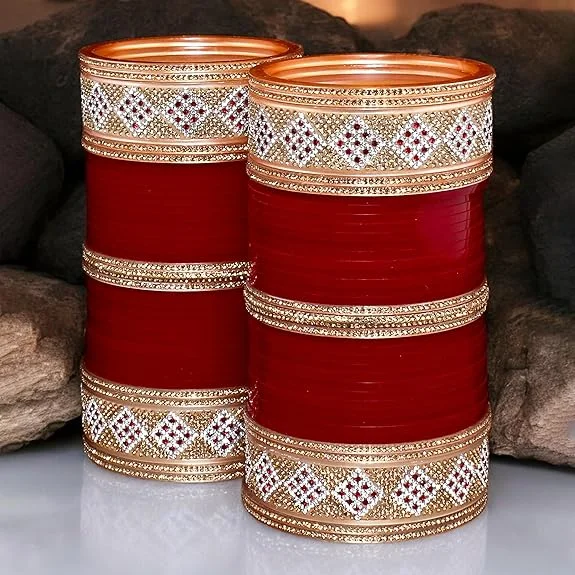 Women’s elegant cuff bracelet-Tehzeeb Creations Bridal Bangle Set Wedding Punjabi Chuda Designer Chura CZ Stone Maroon Color Choora For Women