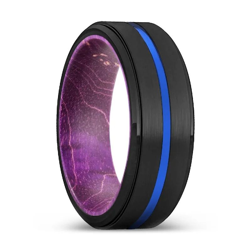 Women’s antique ring-BADGER | Purple Wood, Black Tungsten Ring, Blue Groove, Stepped Edge