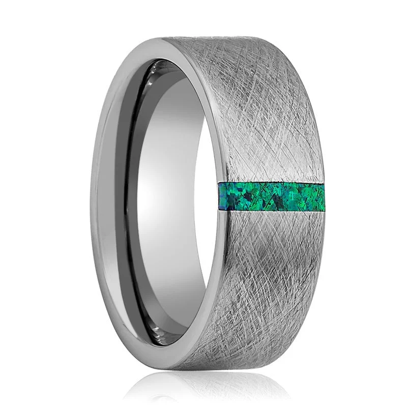 Women’s silver gemstone ring-STARK | Tungsten Ring Lime Green Opal Bar