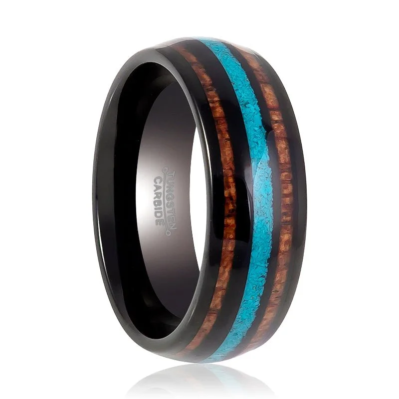 Women’s friendship ring-RYKER | Black Tungsten Ring, Koa Wood & Turquoise Inlay, Domed