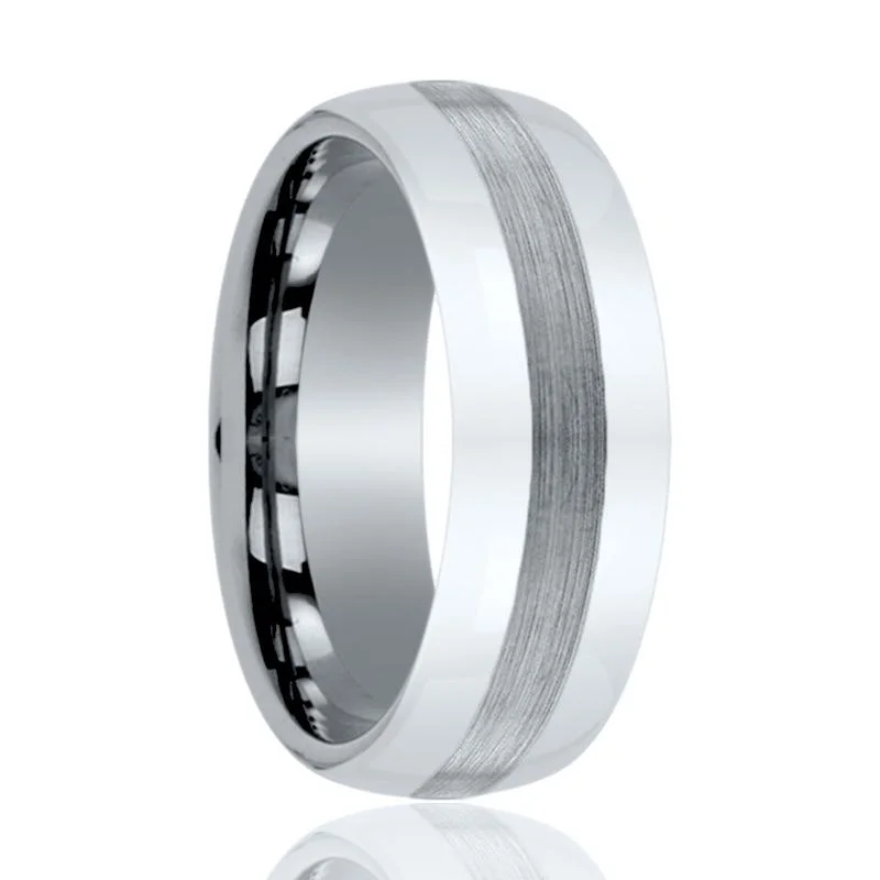 Women’s wide silver ring-DEFIANCE | Silver Tungsten Ring, Brushed Stripe Center, Domed