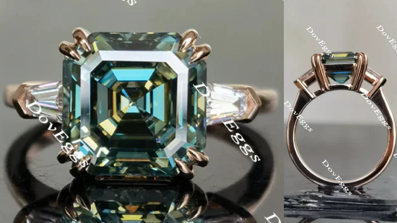 Women’s antique style engagement rings-Doveggs Peacock blue asscher three stones moissanite engagement ring