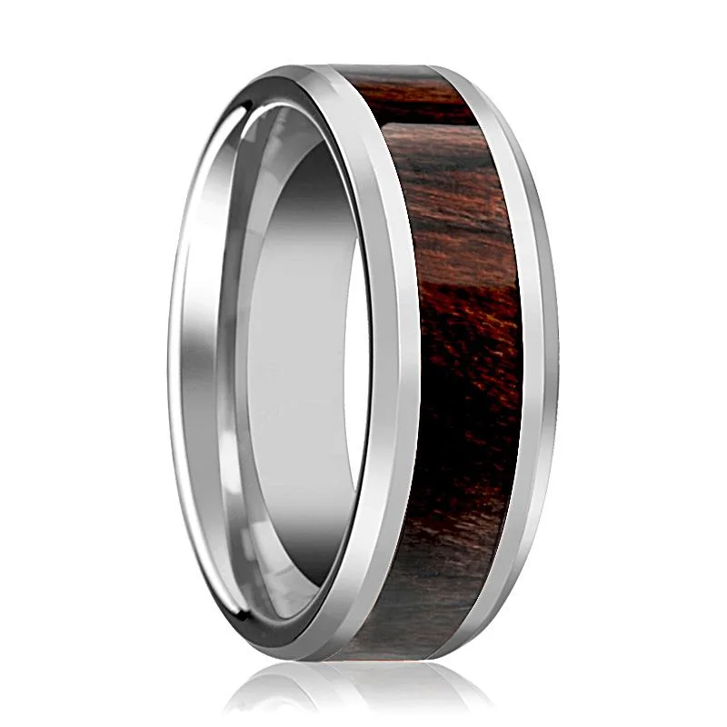 Women’s vintage gold ring-KEVAZ | Silver Tungsten Ring, Bubinga Wood Inlay, Beveled