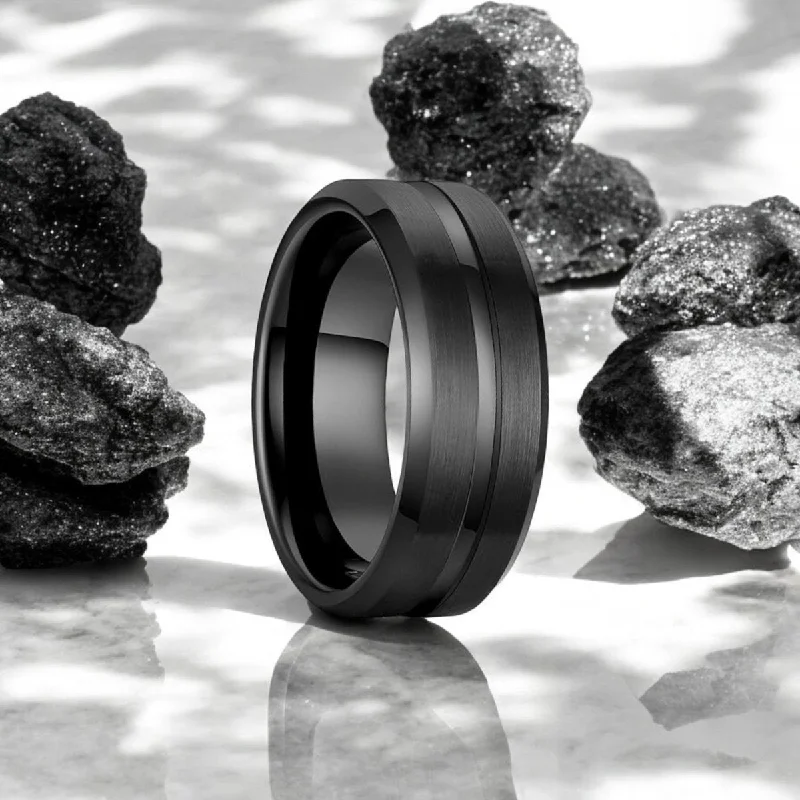 Women’s custom ring-SQUAD | Black Tungsten Ring, Black Shiny Groove, Beveled