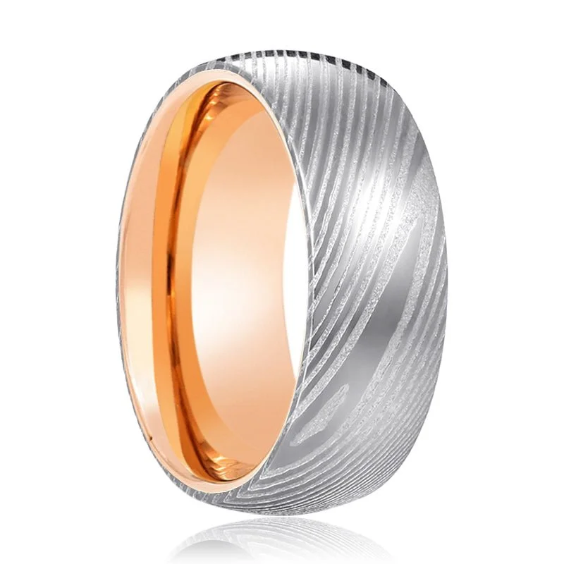 Women’s alternative ring-STORM | Rose Gold Ring, Silver Damascus Steel, Domed