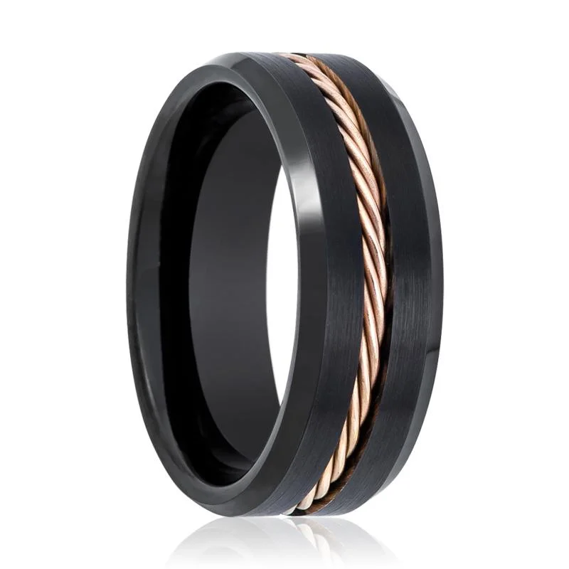 Women’s boho ring-HORATIO | Black Tungsten Ring, Rose Gold Rope, Beveled