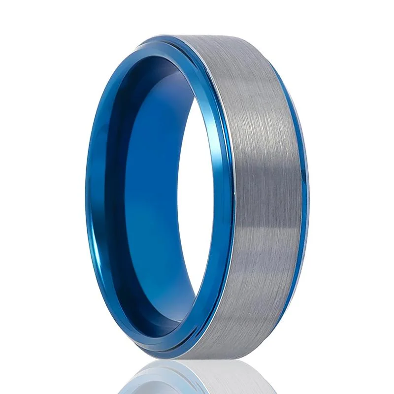 Women’s romantic ring-OCEANIC | Blue Tungsten Ring, Brushed Center & Blue Stepped Edge