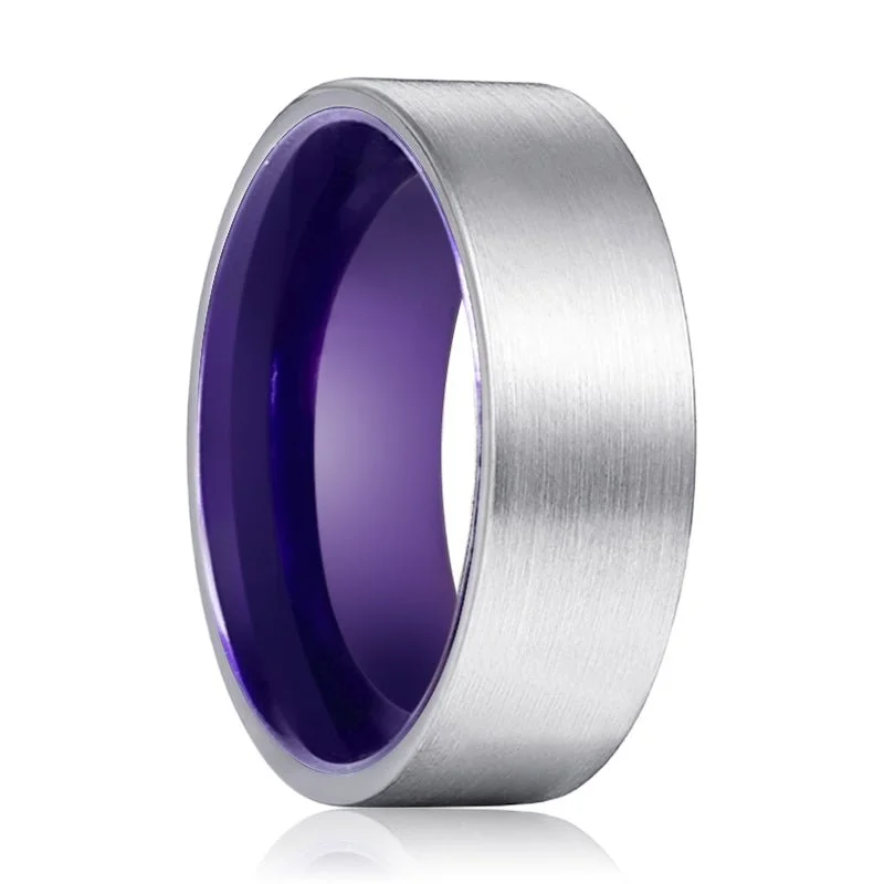 Women’s side-stone ring-ANEMONE | Purple Ring, Silver Tungsten Ring, Brushed, Flat